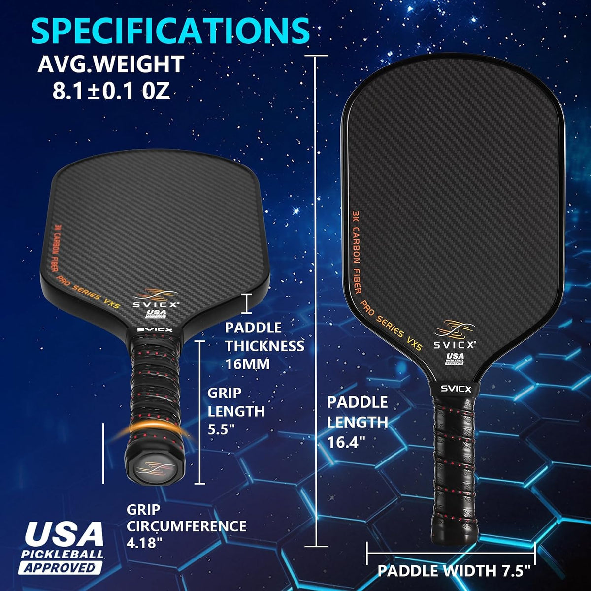 Pala de Pickleball Fibra de Carbono 16mm – Palas Profesionales de Pickleball con Control, Potencia y Efecto Superiores – Mango Alargado para Agarre a Dos Manos, Aprobada por USAPA