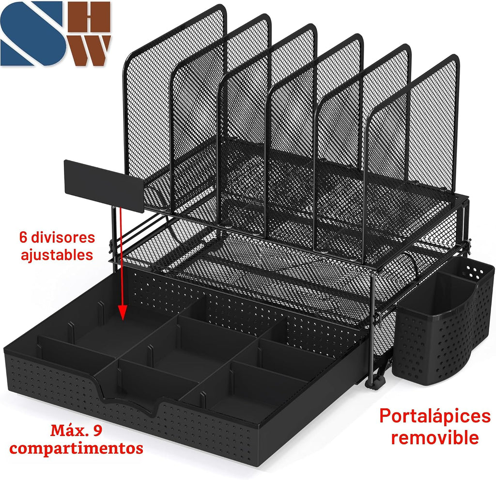Organizador de escritorio SimpleHouseware de malla con cajón deslizante, doble bandeja y 5 secciones verticales, color negro