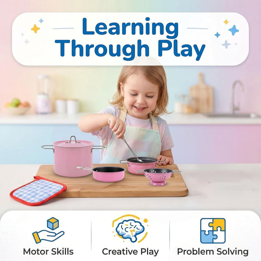 Juego de cocina de acero inoxidable para niños, 11 piezas, ollas y sartenes, juego de utensilios de cocina de juguete con utensilios y soporte para ollas, accesorios de cocina de metal para niños y