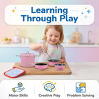 Juego de cocina de acero inoxidable para niños, 11 piezas, ollas y sartenes, juego de utensilios de cocina de juguete con utensilios y soporte para ollas, accesorios de cocina de metal para niños y
