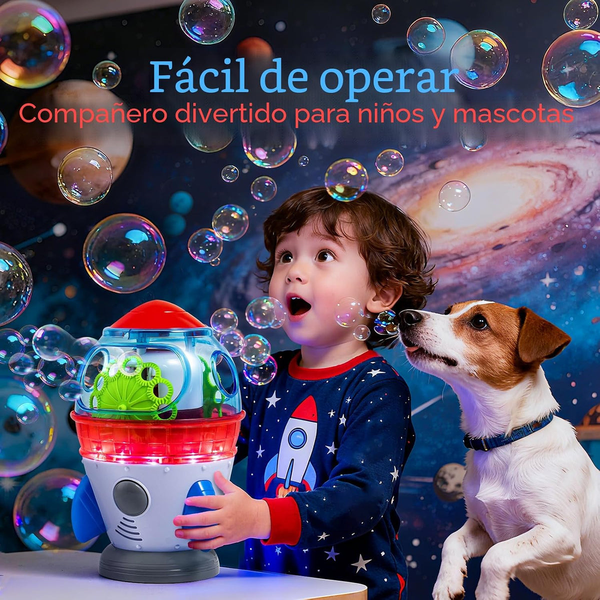 Máquina de burbujas en forma de cohete para niños y bebés con luces y música
