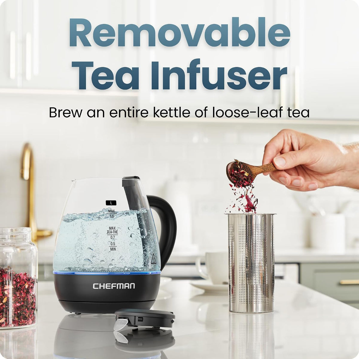 Chefman Hervidor eléctrico con infusor de té, compacto de 1 litro (4 tazas), 1500 W, tapa extraíble para una fácil limpieza, protección contra hervir en seco, filtro de acero inoxidable, sin BPA, apagado automático, hervidor de té eléctrico pequeño