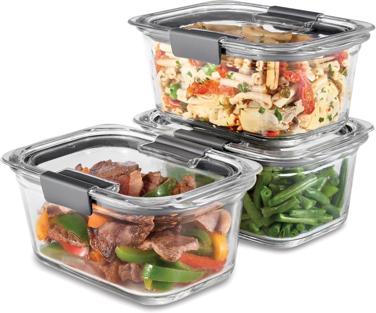 Rubbermaid Brilliance - Recipientes de vidrio para alimentos de 4.7 tazas con tapas, juego de 3 unidades transparentes