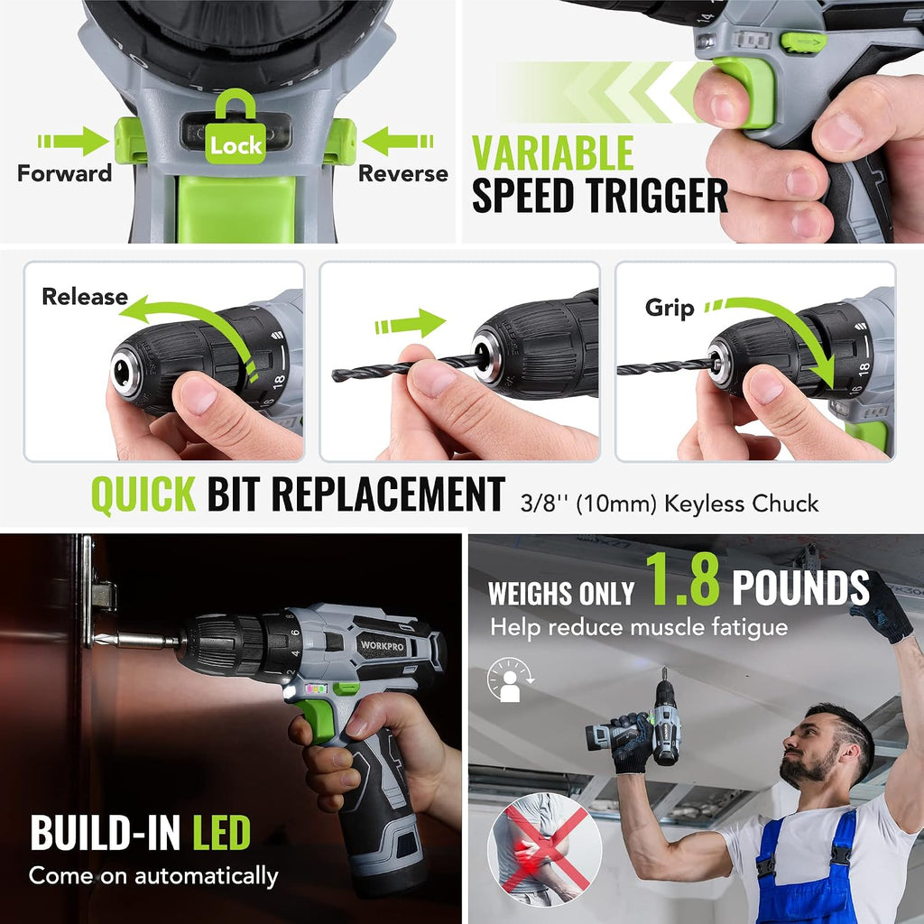 WORKPRO Juego de taladro rosa inalámbrico de 12 V para mujeres, kit de