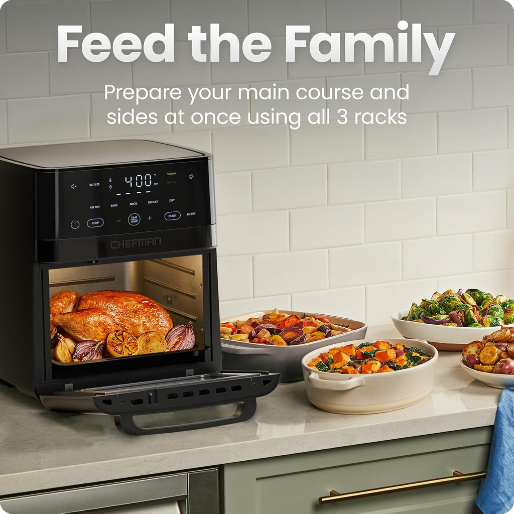 Chefman Freidora de aire 6 en 1, XL de 14 cuartos de galón multifuncional con controles de pantalla táctil, asador, deshidratador de alimentos, horno de convección, funciones para hornear, asar y