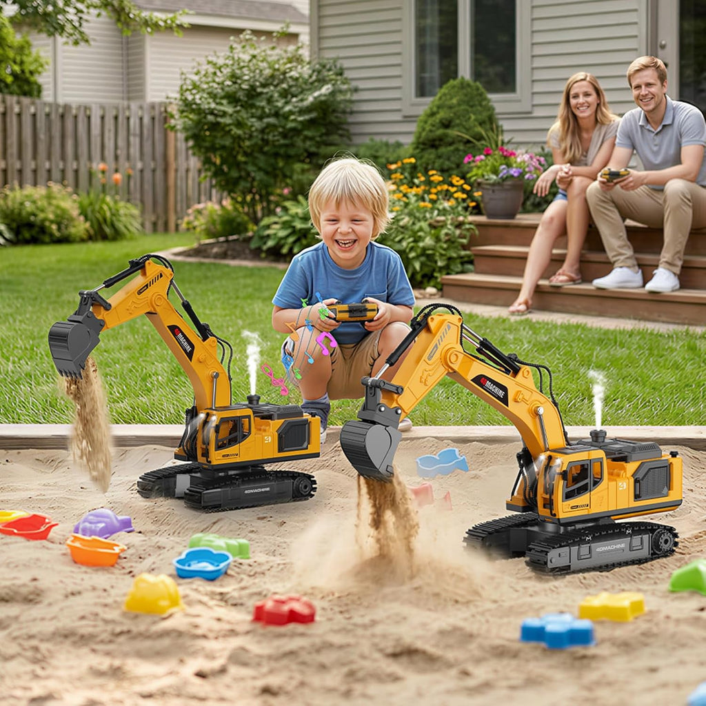 Excavadora de juguete a control remoto para niños, juguetes de excavadora RC de 2.4 GHz con cubo de metal, vehículo de construcción de 12 canales con niebla/luces/sonido, 2 baterías de 1200 mAh