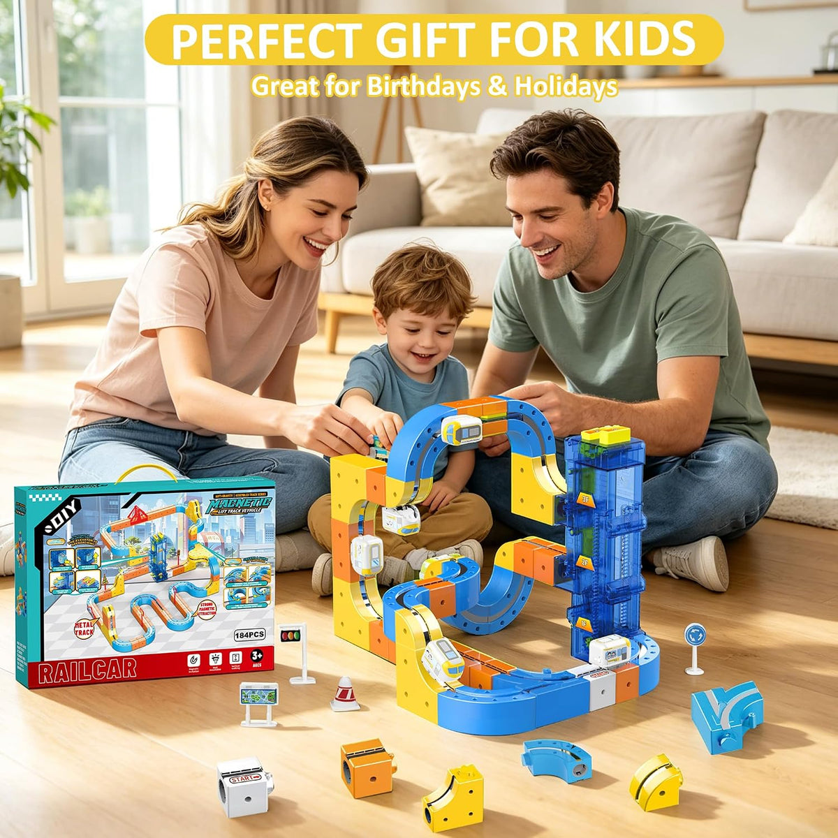 Juego de tren magnético para niños, juego de tren eléctrico 3D que desafía la gravedad con elevador automático, pista de automóvil para niños pequeños, juguete educativo STEM para niños de 3 a