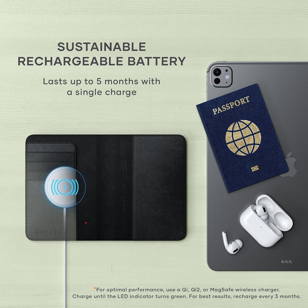 Satechi Portapasaporte para Viaje con Find My, Funda para Pasaporte con Soporte para 4 Tarjetas, Carga Inalámbrica y Protección RFID – Portapasaporte Esencial de Viaje en Cuero Vegano, Negro