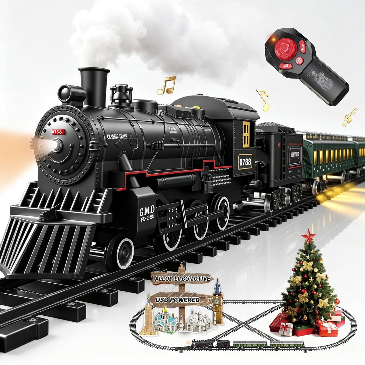 Juego de tren eléctrico con control remoto para niños, aleación de metal, juguetes de tren de Navidad, locomotora de vapor, carruajes de pasajeros, pistas de lujo, luces y sonidos, recargable, regalos de cumpleaños para niños y niñas, color verde