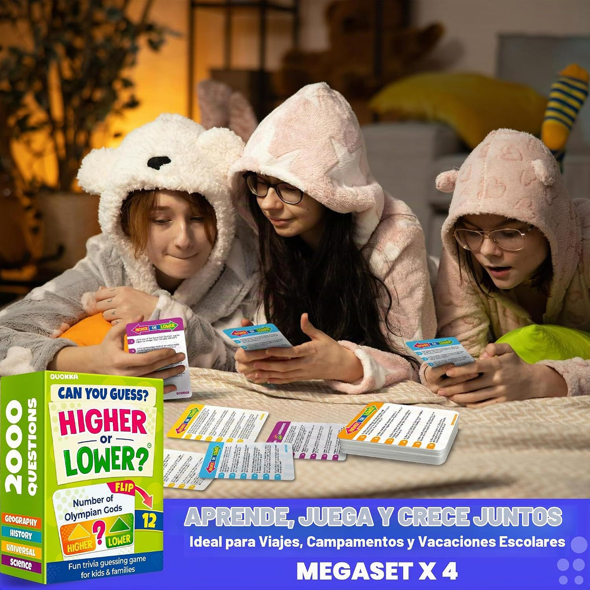 Juegos de mesa de trivia para niños y adultos - Set de 4 cartas Más Alto o Más Bajo