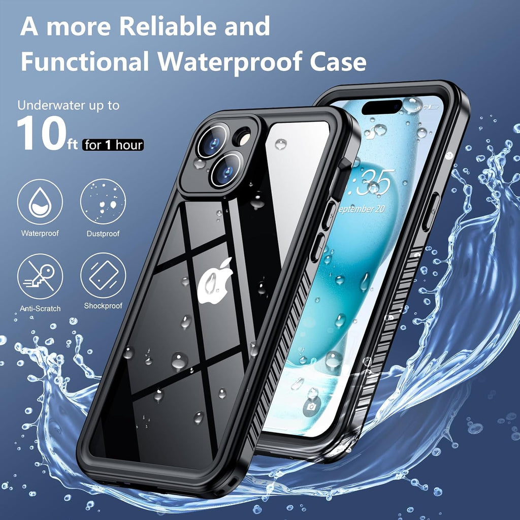 SPIDERCASE Funda impermeable para iPhone 15, lente y protector de pantalla integrados, protección de alta resistencia, 12 pies, funda militar a prueba de golpes, a prueba de polvo, color negro