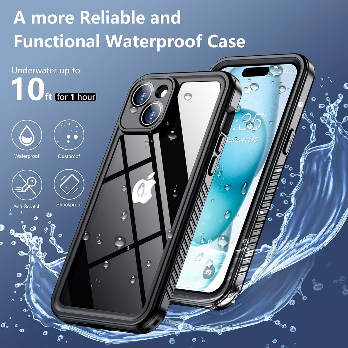 SPIDERCASE Funda impermeable para iPhone 15, lente y protector de pantalla integrados, protección de alta resistencia, 12 pies, funda militar a prueba de golpes, a prueba de polvo, color negro