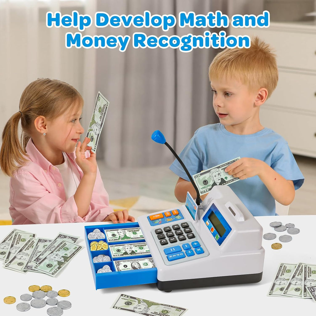 Bstoyder Calculadora de caja registradora de juguete de regalo para niños de 3, 4, 5, 6, 7, 8 años en adelante, 103 piezas de comestibles con micrófono, tarjeta de crédito, caja registradora para niños pequeños de 4 a 8 años
