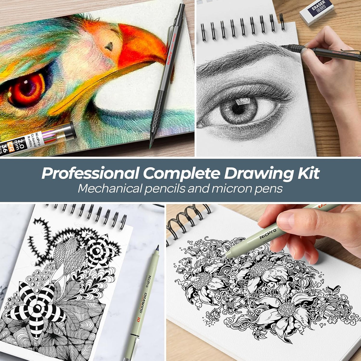 Nicpro Kit de suministros de dibujo artístico de 58 piezas en estuche de