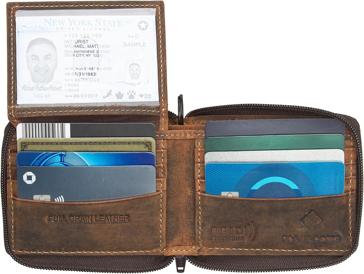 Cartera de cadena de acero con cierre de cremallera de cuero de grano