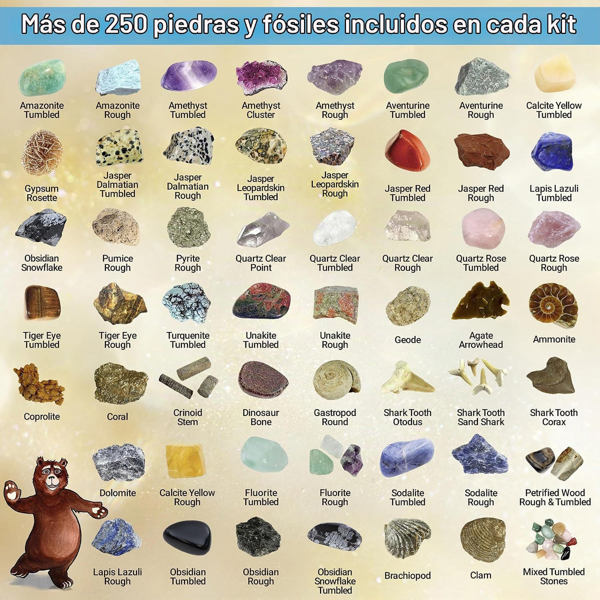 Set de actividades de la colección Rock & Mineral (más de 150 piezas), hoja de identificación educativa más 2 geodas fáciles de romper, dientes de tiburón fosilizados y flechas de la marca Dancing Bear