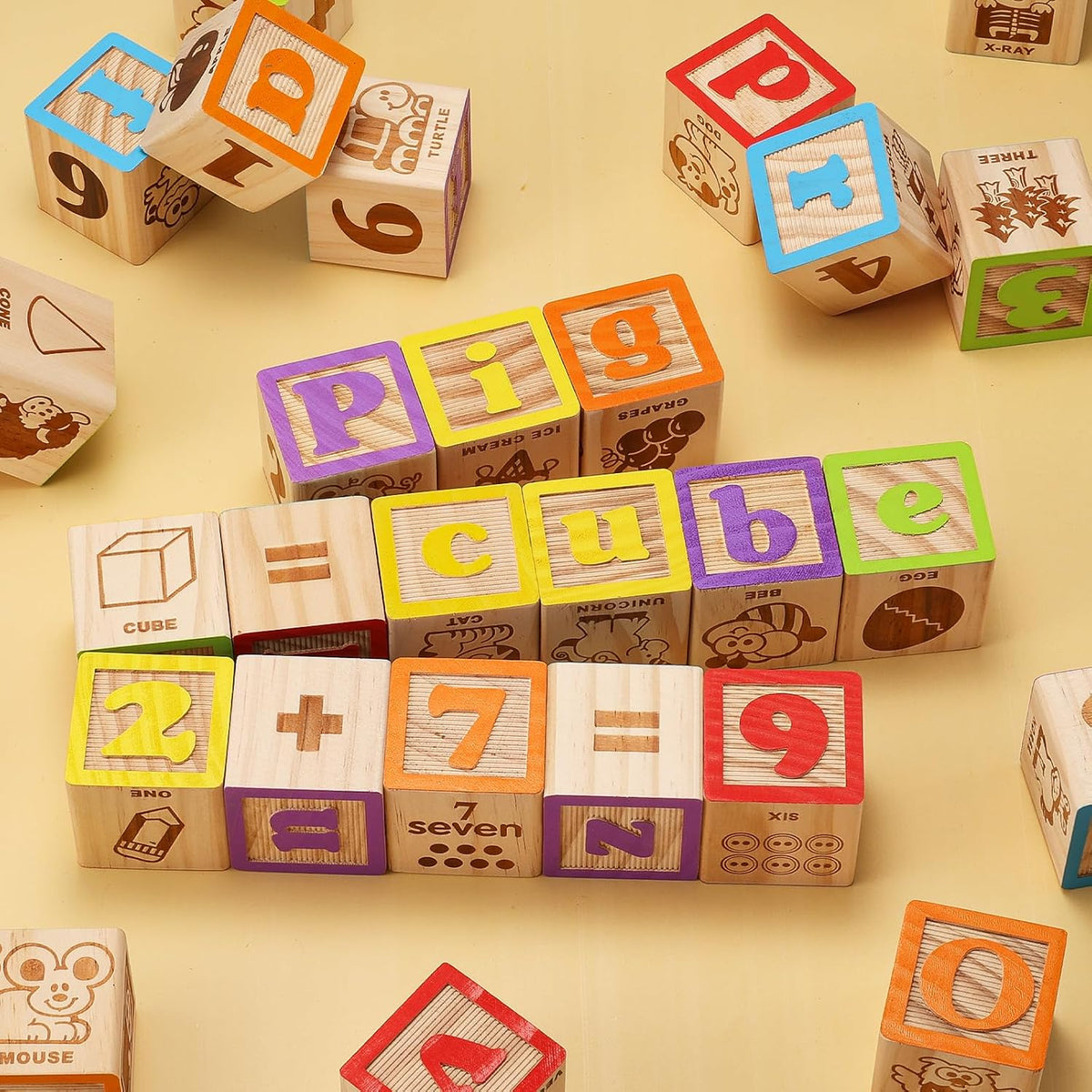 SainSmart Jr. Bloques de madera del alfabeto de 1.73 pulgadas, 30 bloques de construcción que incluyen letras, números y animales, bloques de madera Montessori para niños en edad preescolar