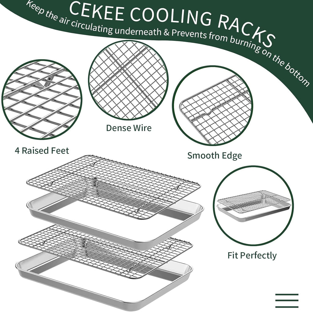 Bandeja de un cuarto de hoja con rejilla de enfriamiento CEKEE [2 bandejas para hornear + 2 rejillas para hornear], bandejas de acero inoxidable CEKEE para galletas y rejilla de alambre - resistentes