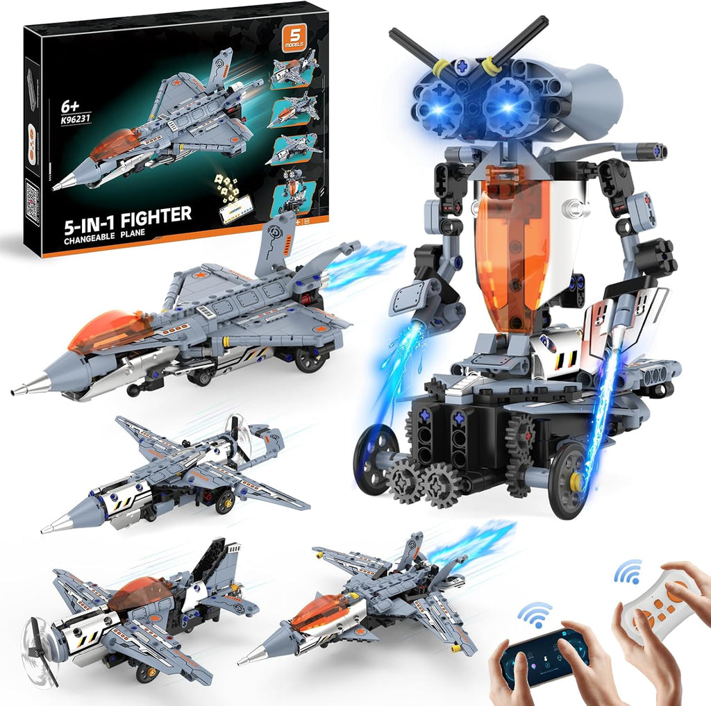 Kit de construcción de robot STEM RC 5 en 1, juego de construcción de aviones Fighter Jet con aplicación y control remoto de 2.4 GHz, juguetes de avión de combate transformables técnicos para niños de 6 7 8 9 10 11 12 + regalos de cumpleaños