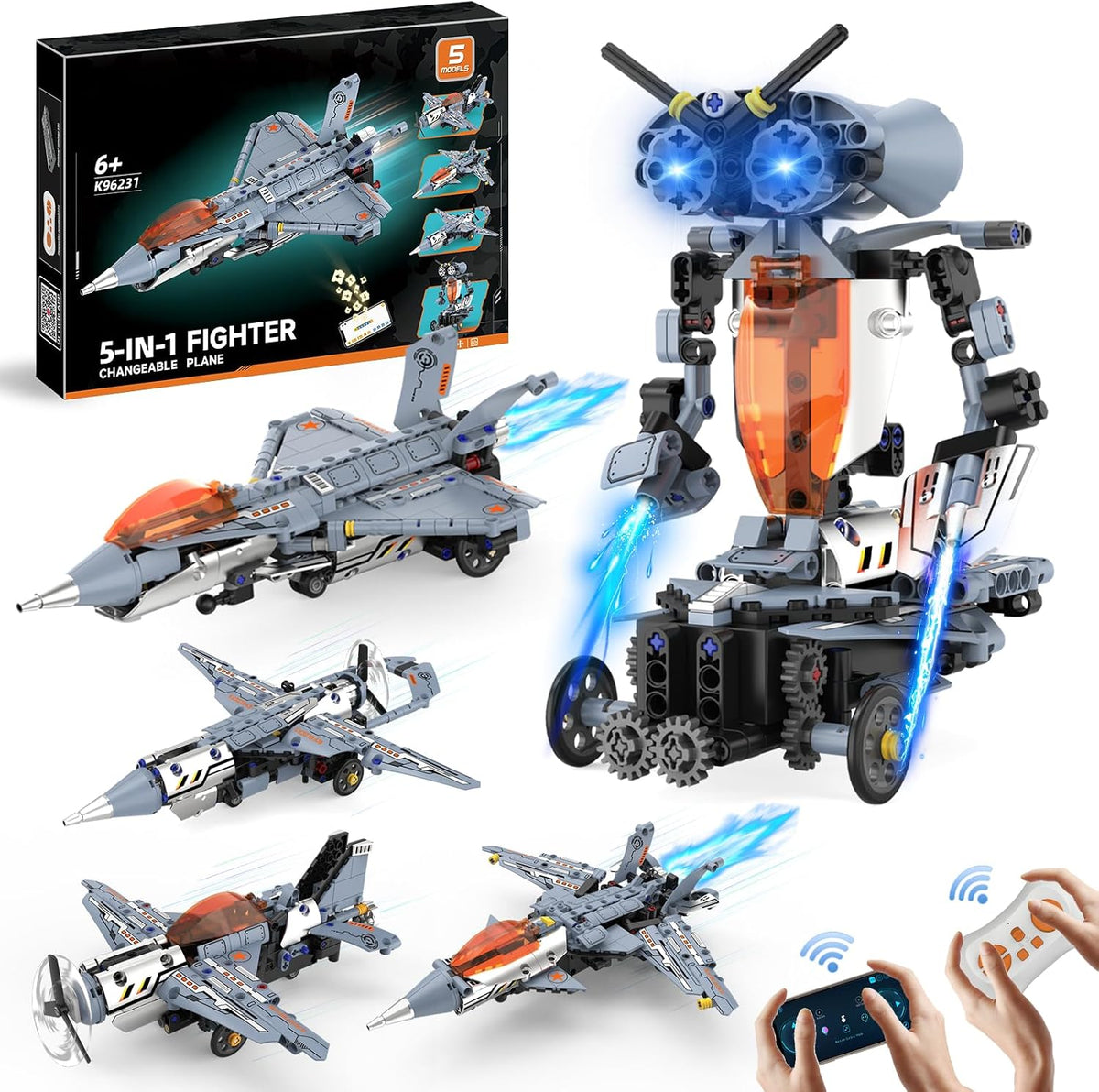 Kit de construcción de robot STEM RC 5 en 1, juego de construcción de aviones Fighter Jet con aplicación y control remoto de 2.4 GHz, juguetes de avión de combate transformables técnicos para niños de 6 7 8 9 10 11 12 + regalos de cumpleaños