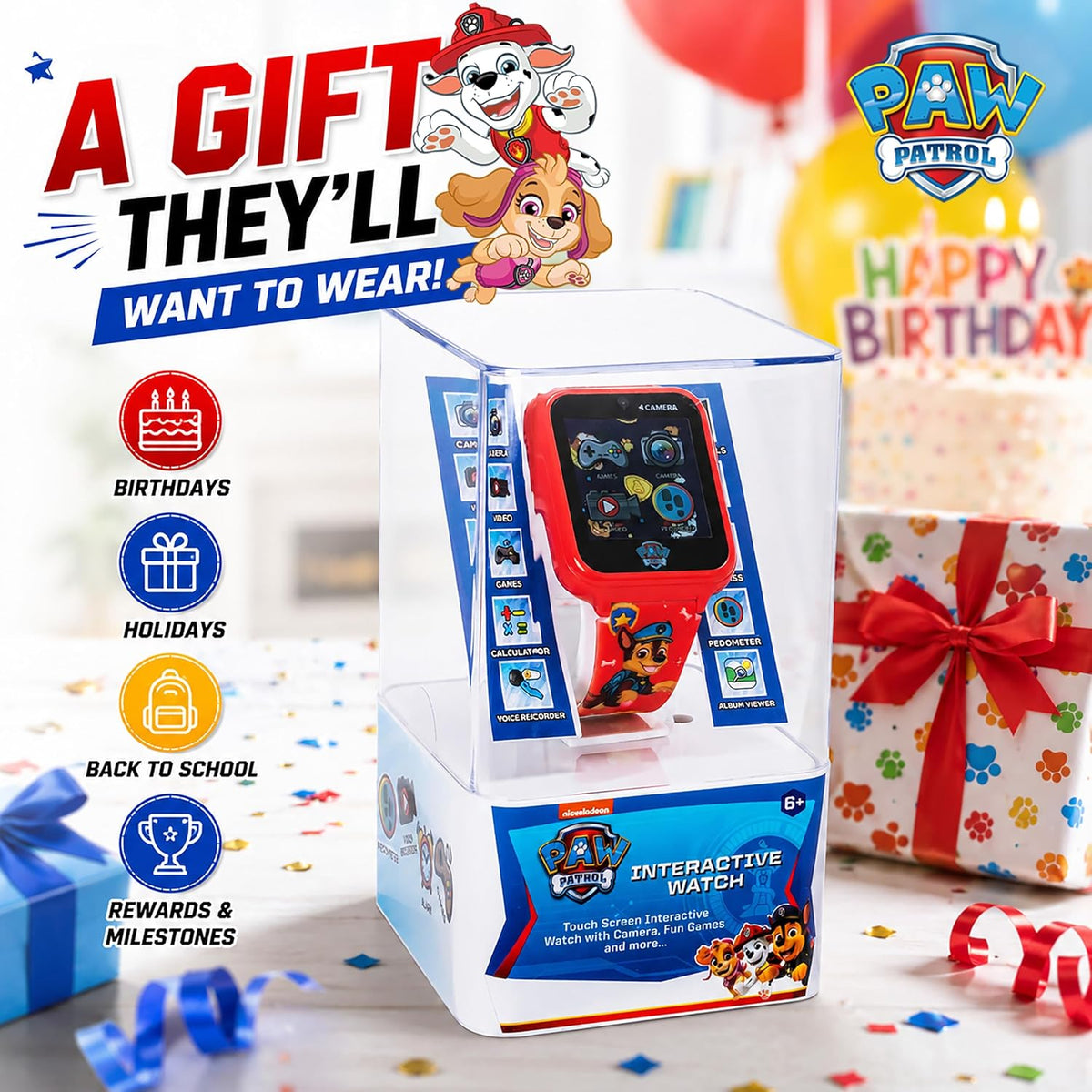Reloj inteligente Accutime Paw Patrol con cámara para niños y bebés - Reloj inteligente interactivo para niños y niñas con juegos, grabadora de voz, calculadora, podómetro, alarma, cronómetro, con
