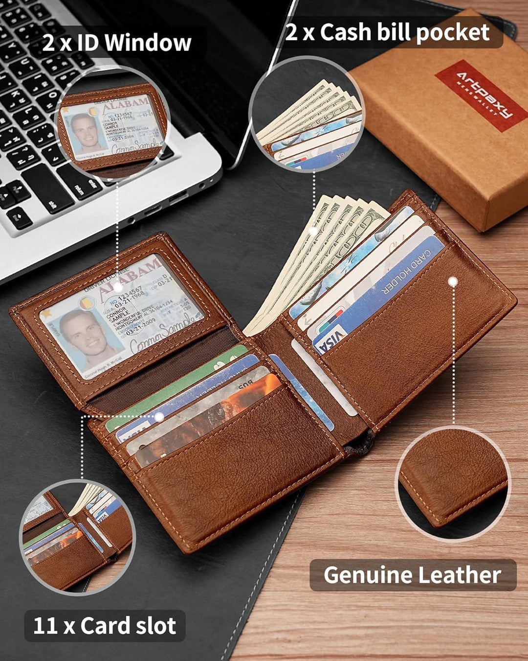 Plinvo Billetera plegable de cuero genuino para hombre con bloqueo...