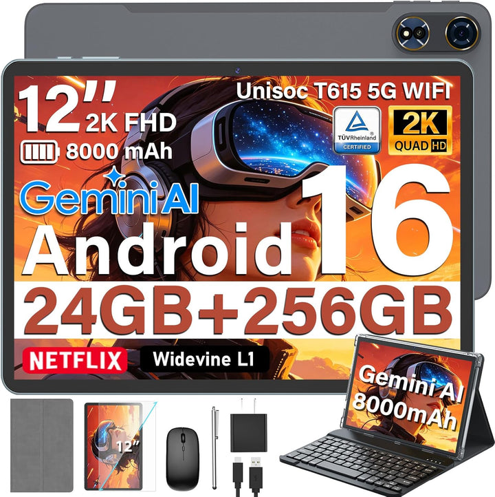 2026 Tableta Android 16 de 12 pulgadas con teclado, expansión de 24...