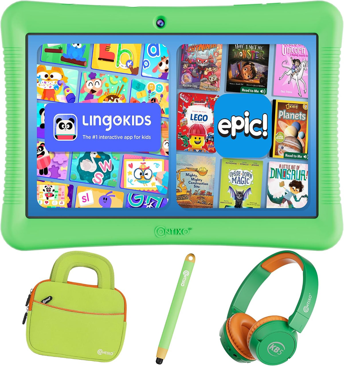Contixo Paquete de tableta Android Kids de 10 pulgadas, 32 GB, con aplicaciones educativas épicas y Lingokids, controles parentales, funda a prueba de niños con soporte y lápiz capacitivo, auriculares y bolsa de funda, color verde