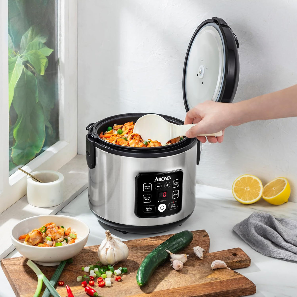 AROMA® CoreCoat™ - Arrocera digital y vaporera para arroz integral con revestimiento de cerámica antiadherente (8 tazas cocidas, 4 tazas sin cocinar)