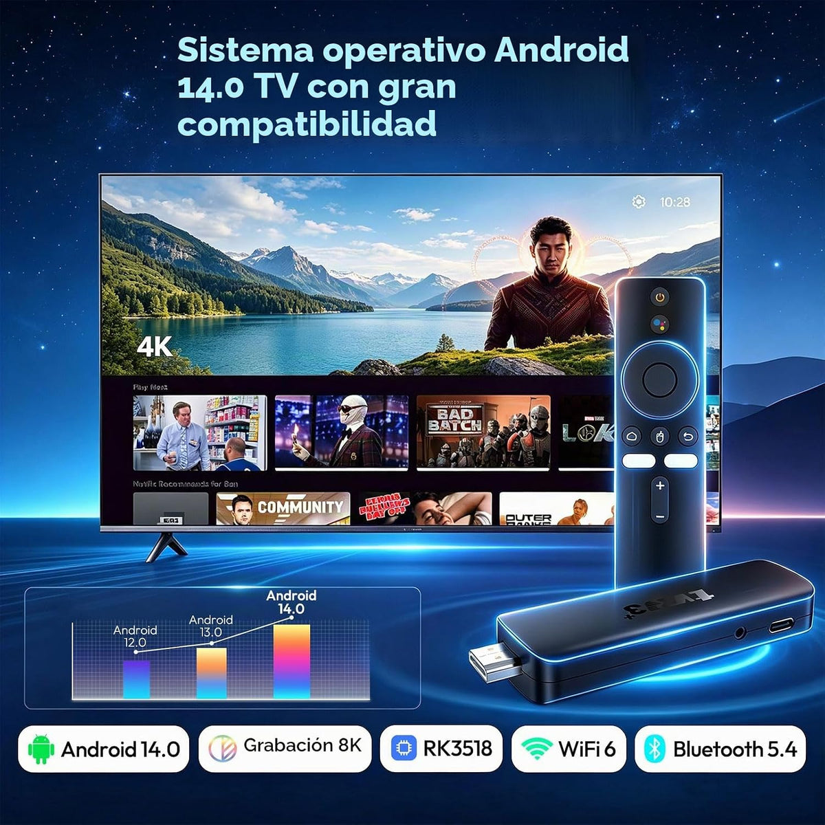 Android TV Stick 4K 2026, 2GB 16GB | Android 14, CPU RK3518 de cuatro núcleos, 4K HDR10+, WiFi 6 2.4G/5G de doble banda, USB 3.0, Bluetooth 5.4, control remoto por voz