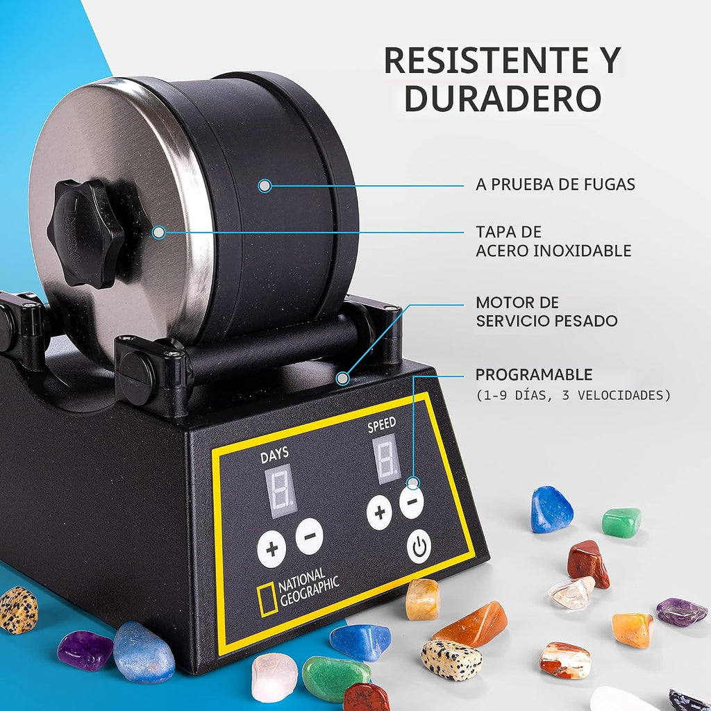 NATIONAL GEOGRAPHIC Kit profesional de pulidor de rocas - Pulidor de rocas completo para adultos y niños con barril duradero de 2 libras, rocas, grano y espuma de pulido patentada GemFoam, pulidor de