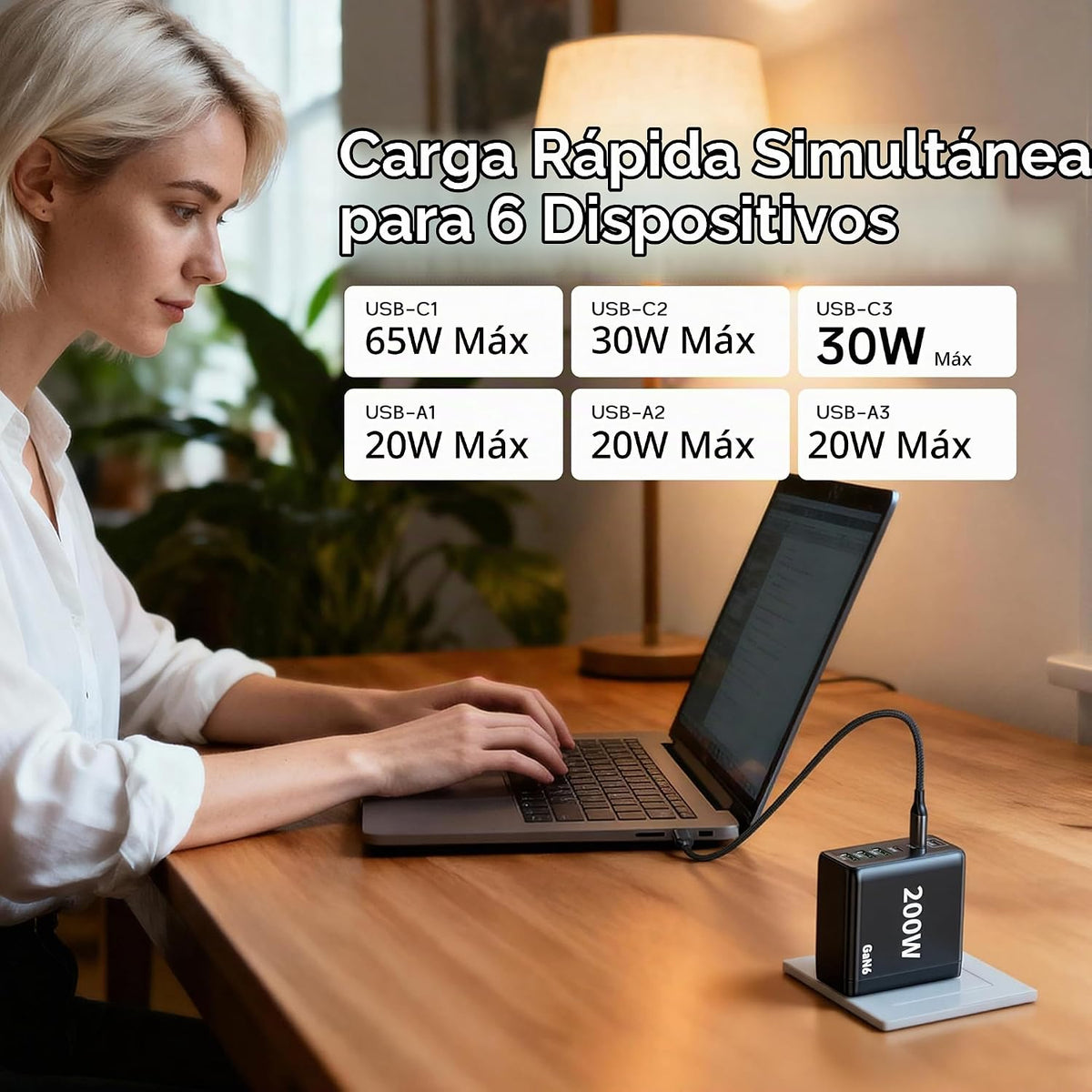 Paquete de 2 cargadores USB C, 200 W GaN cargador súper rápido tipo C iPhone 17 16 carga rápida 6 puertos plegable PD estación de carga para todos los teléfonos iPhone/Android, Samsung Galaxy S25/S24