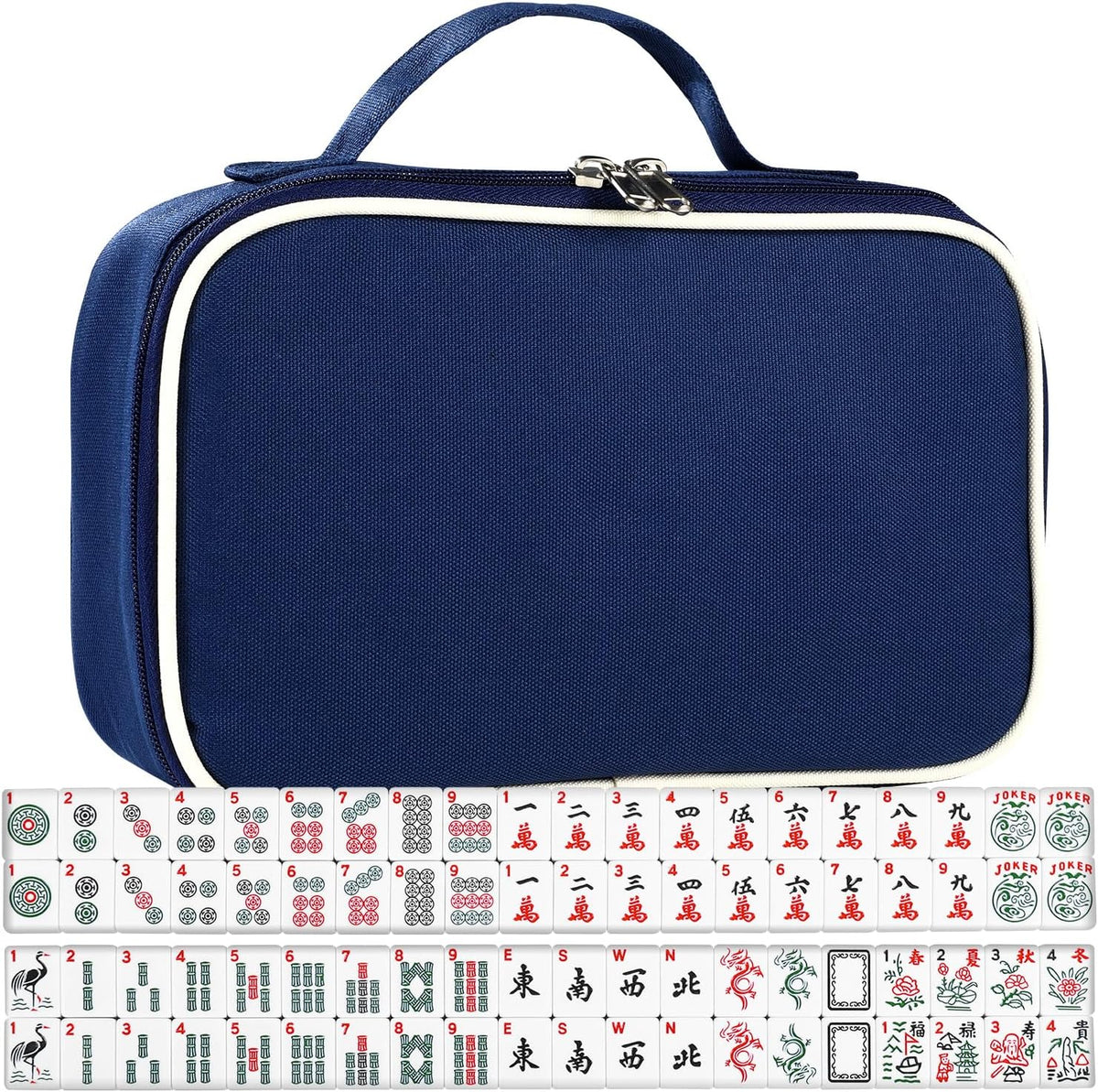 Juego de mahjong americano prémium con bolsa de transporte azul duradera, 166 azulejos blancos, incluye fichas y dados, juego de azulejos Mahjong portátil de viaje completo