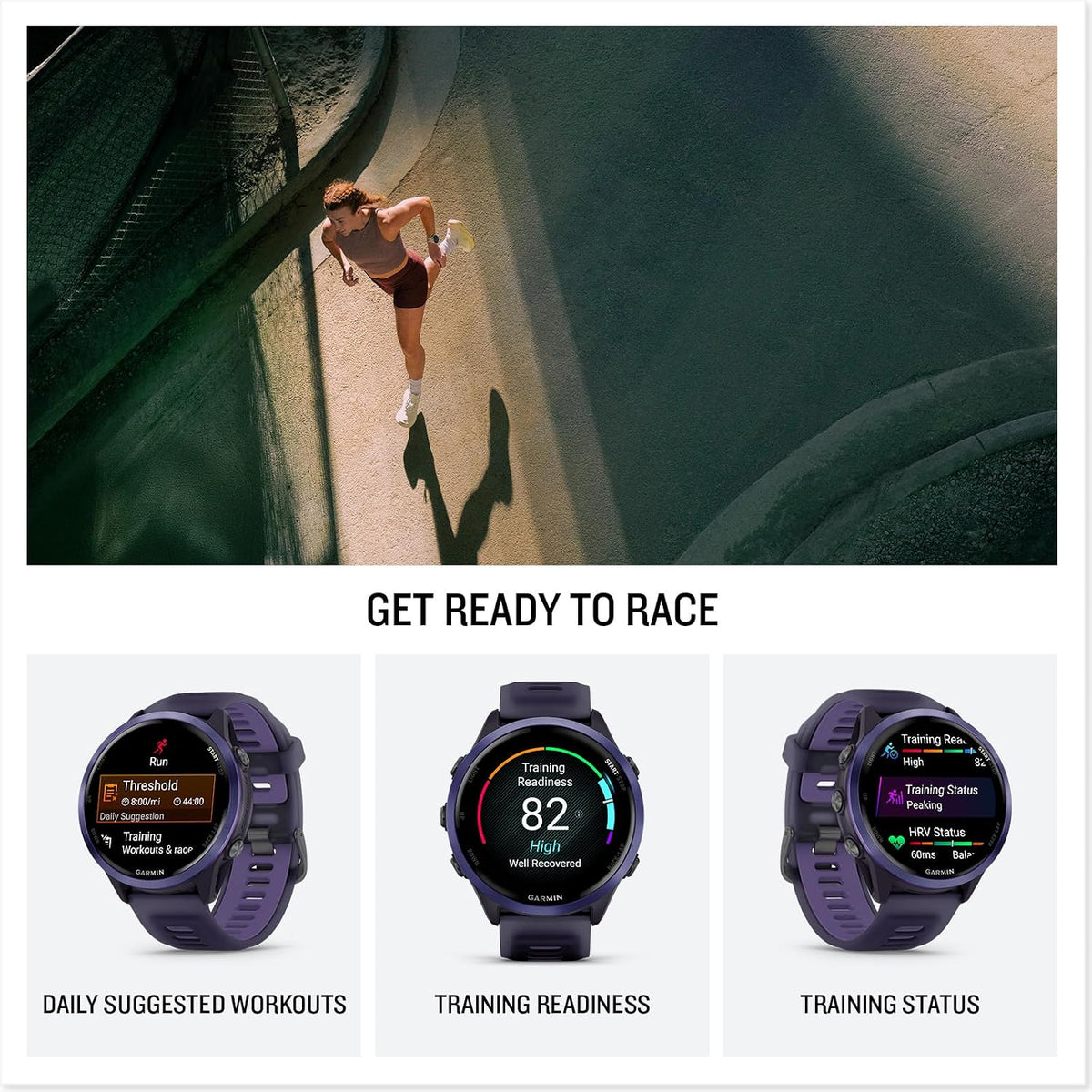 Garmin Forerunner 570 - Reloj inteligente para correr, WiFi de 1.722 pulgadas, reloj de fitness con GPS para hombres y mujeres, aluminio índigo con banda translúcida imperial púrpura/índigo + monitor