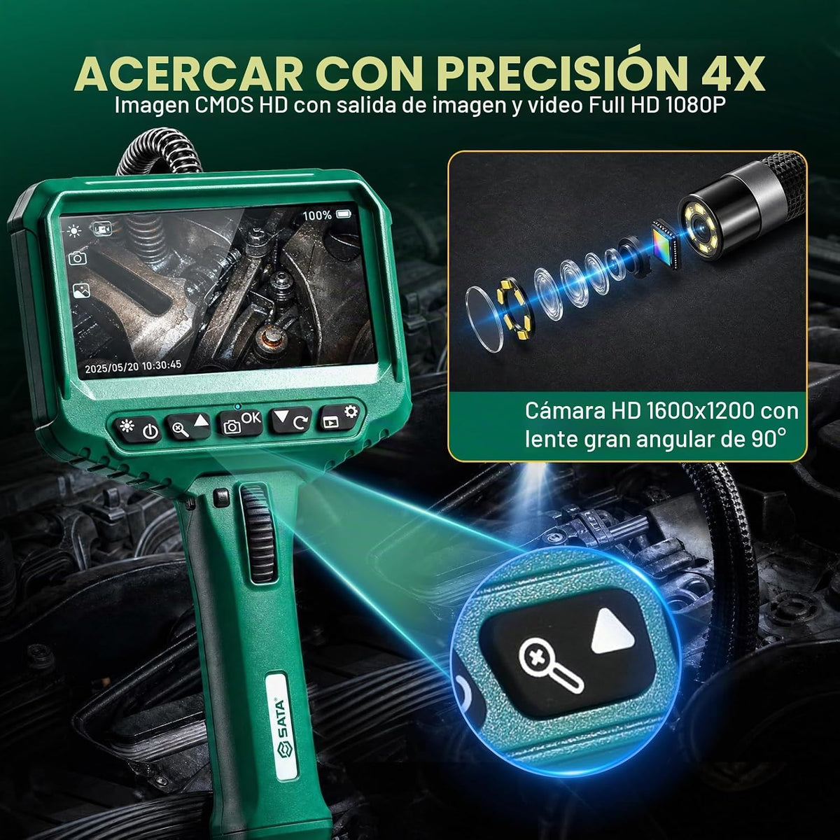 SATA Cámara articulada de boroscopio con luz, endoscopio bidireccional de