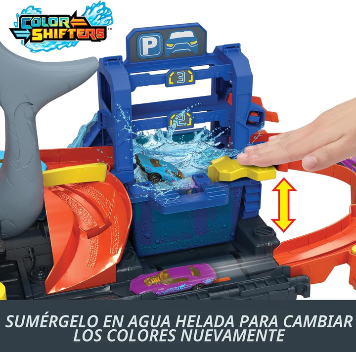 Hot Wheels Juego de pistas de ciudad, lavado de autos Ultra Shark c...