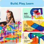 PicassoTiles Juego de 128 piezas de bloques de construcción de pistas de autos de carreras magnéticas, juego de azulejos magnéticos, juego de 3 luces LED, kit de construcción de aprendizaje de