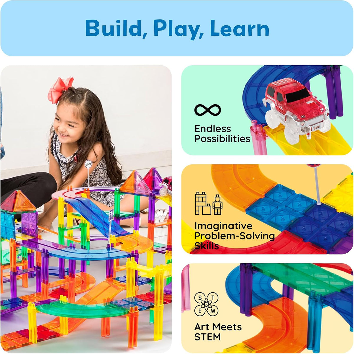 PicassoTiles Juego de 128 piezas de bloques de construcción de pistas de autos de carreras magnéticas, juego de azulejos magnéticos, juego de 3 luces LED, kit de construcción de aprendizaje de