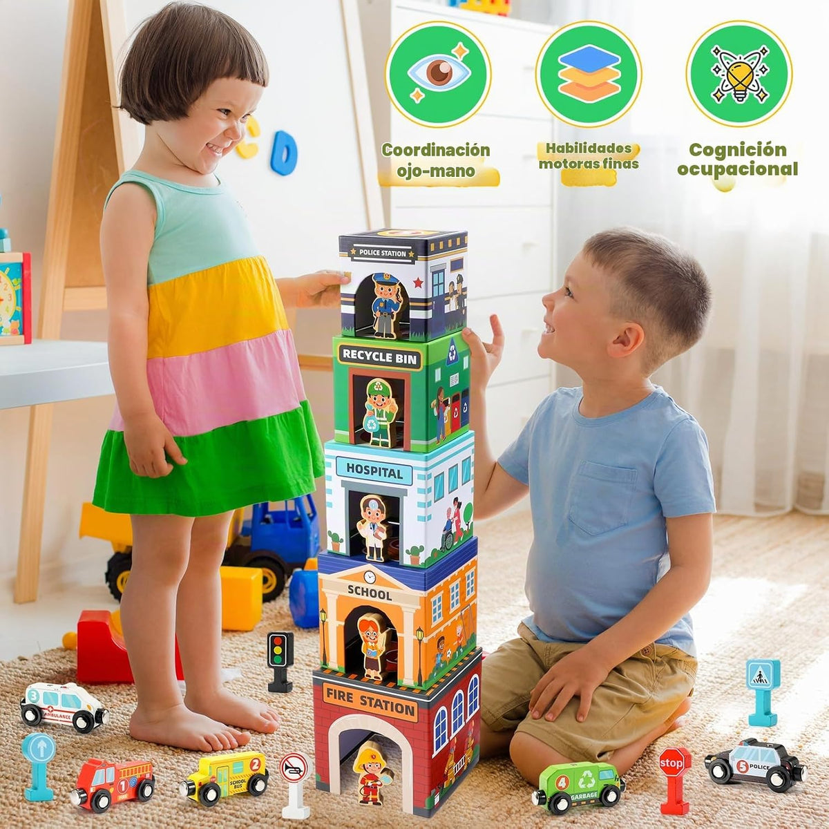 Juguetes apilables para bebés pequeños, autos magnéticos de madera