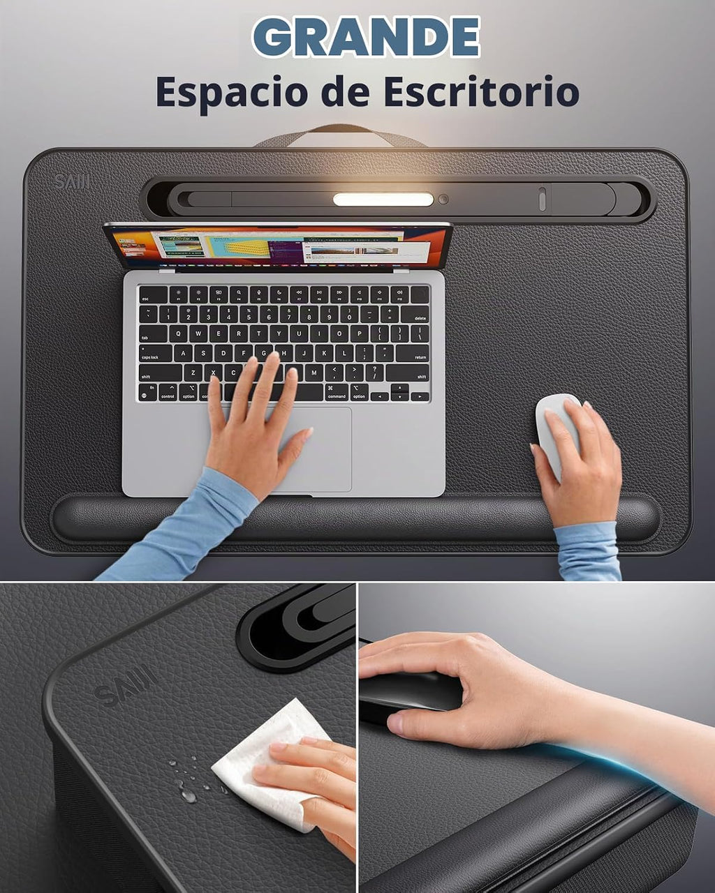 SAIJI Lap Desk con luz LED, bandeja portátil para laptop con cojín