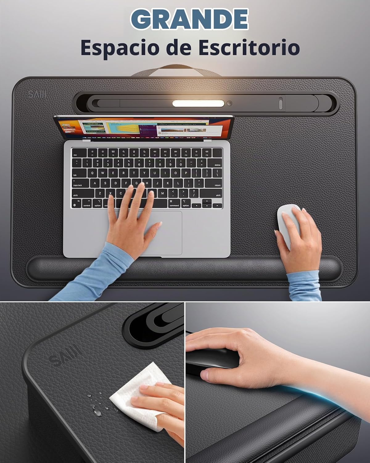 SAIJI Lap Desk con luz LED, bandeja portátil para laptop con cojín
