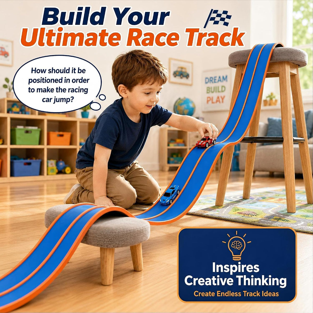 Pistas flexibles de 15 pies de pista de carreras flexibles para niños, juego de pista de auto de bricolaje con autos de rebote 1/64, pistas de carreras enrollables portátiles con ventosas fuertes
