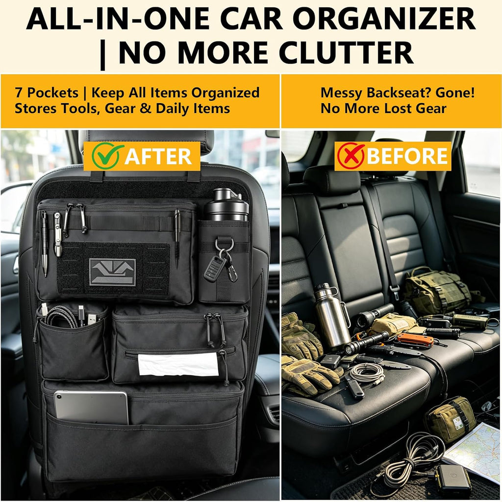 Organizador de asiento trasero táctico todo en uno para autos, SUVs, camiones y Jeeps