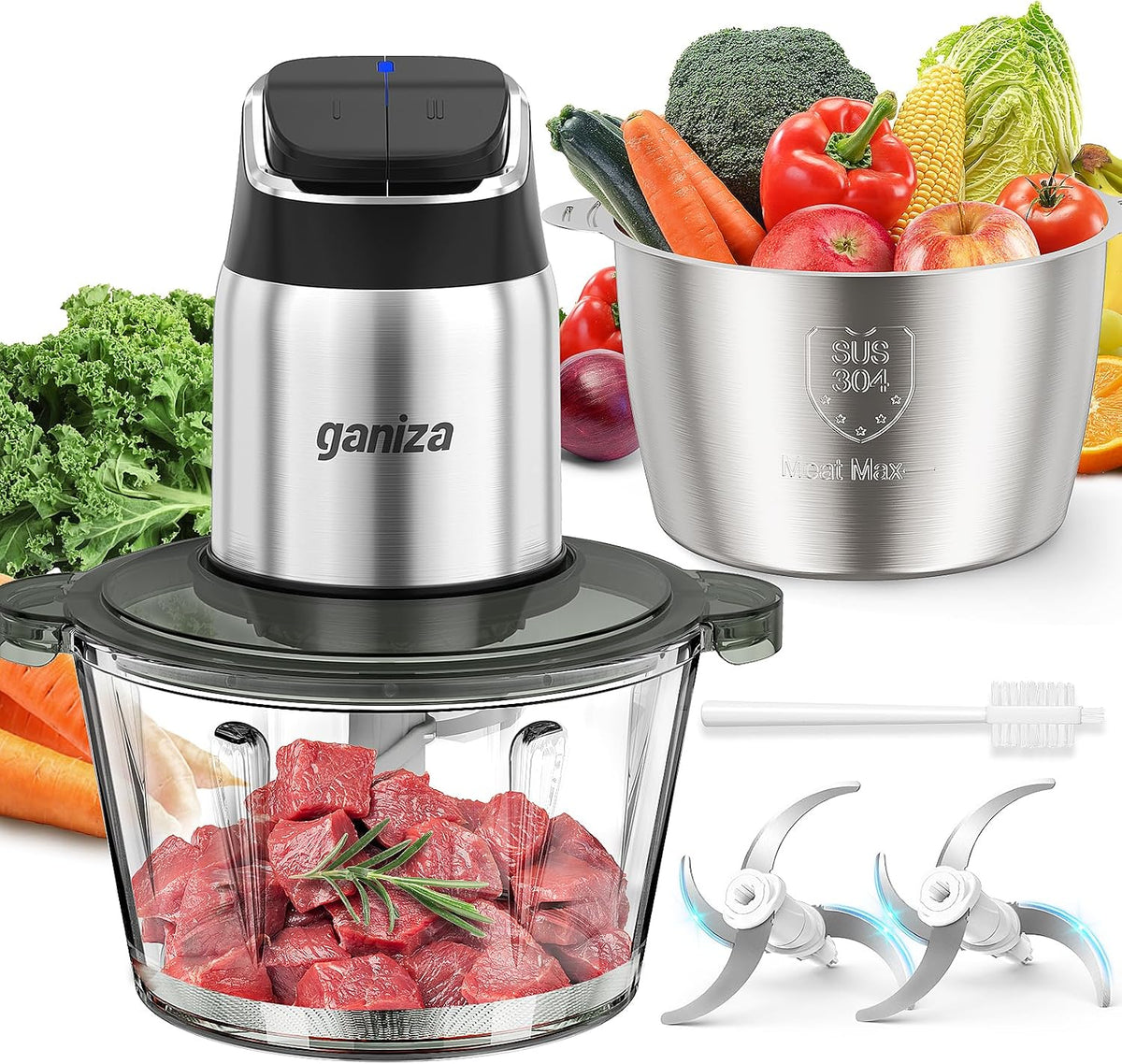 Ganiza - Procesador de alimentos con cuencos dobles, picadora de alimentos de 2 velocidades y picadora de carne
