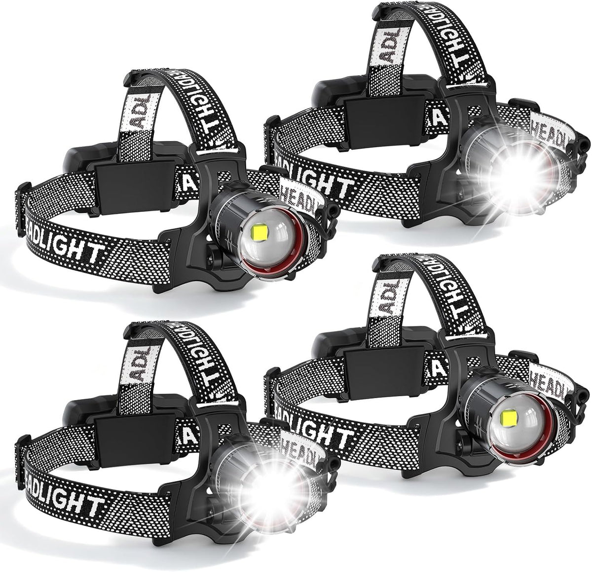 Lámpara Paquete de 4 linternas de cabeza LED superbrillantes, lámpara de cabeza recargable de alto lúmen con sensor de movimiento, 5 modos, IPX5 impermeable, ajustable a 90°, con zoom, luces de
