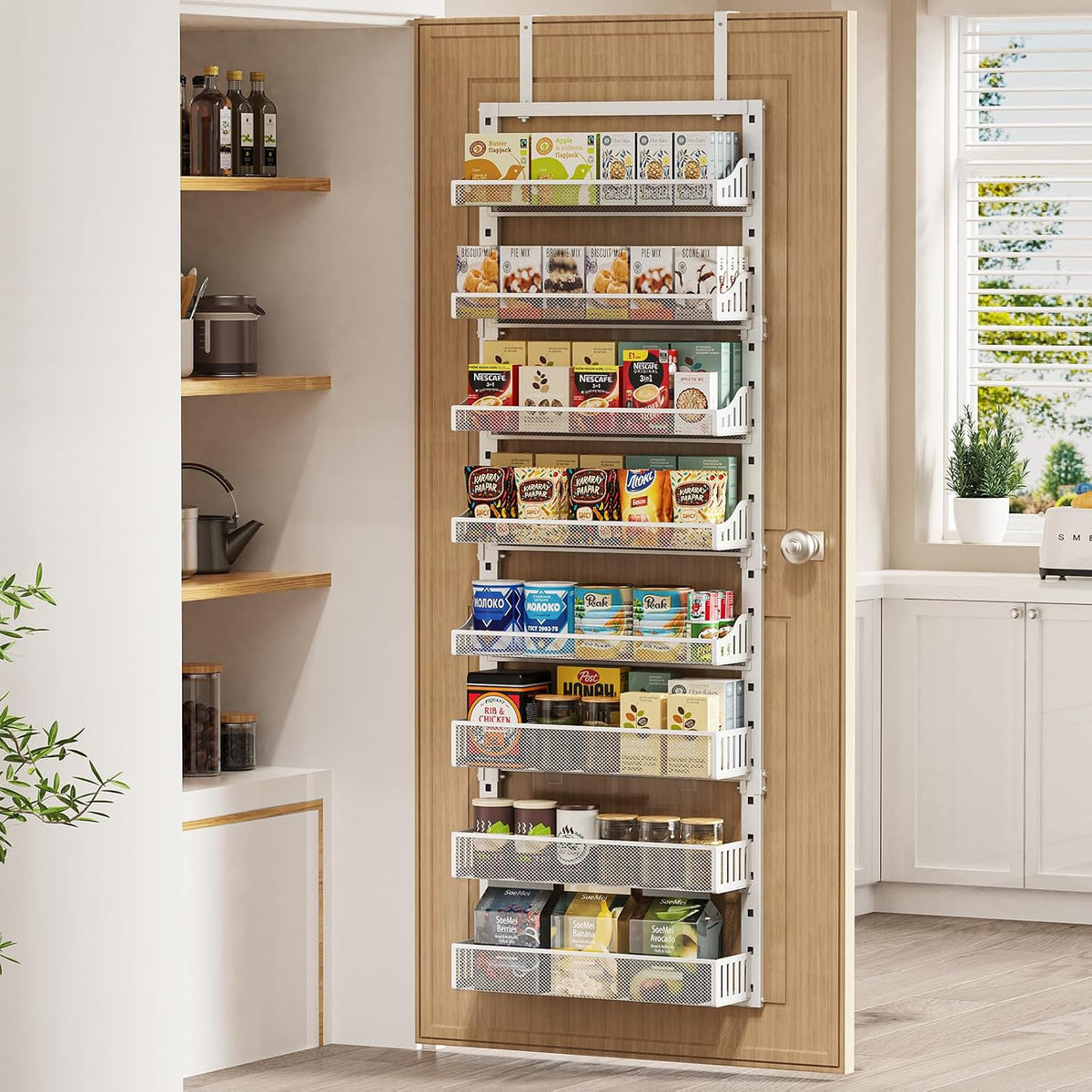 Organizador de despensa para puerta de 8 niveles, estante de especias grande de metal para puerta con cesta ajustable, soporte de pared 2 en 1 o colgante para puerta de despensa