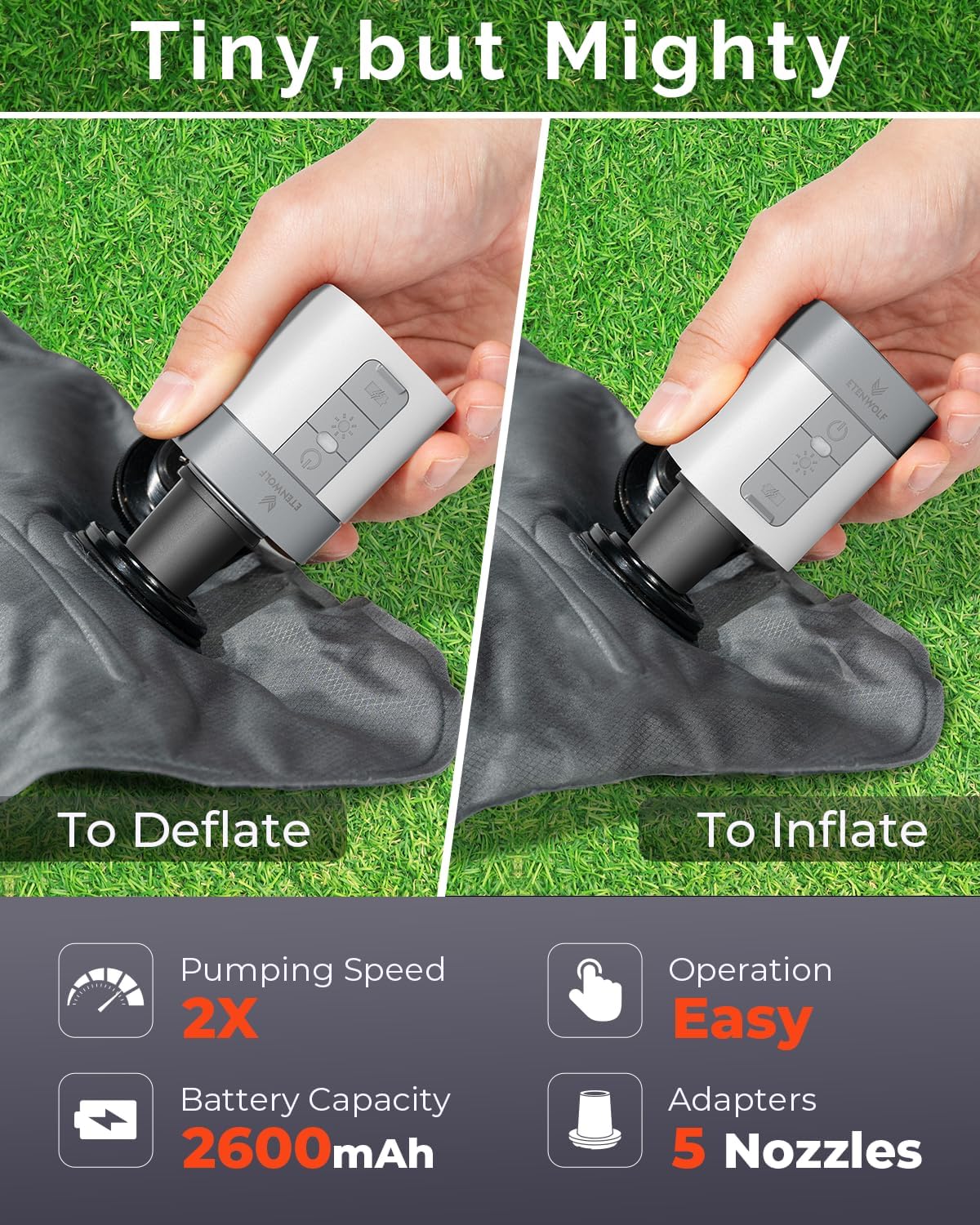 ETENWOLF AIR 3 Bomba de aire para inflables con batería de 2600 mAh y luz de campamento, bomba de aire eléctrica ultrarrápida y mini, desinfla para colchón de aire, flotadores de piscina, bolsas de