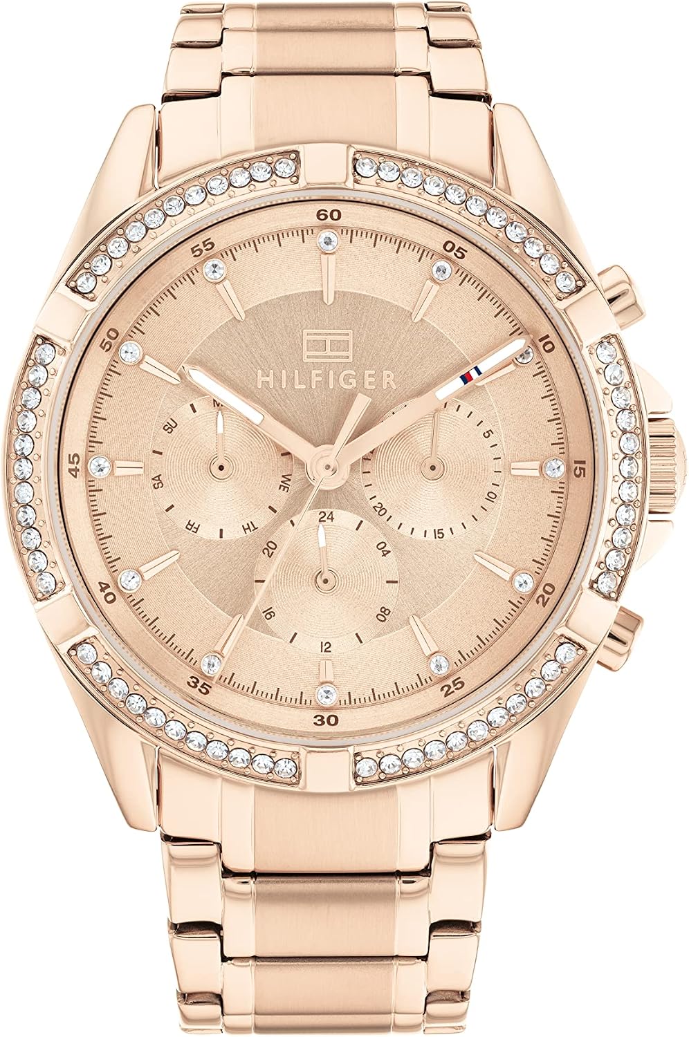 Tommy Hilfiger Reloj deportivo de acero inoxidable para mujer con bisel de cristal, esfera texturizada y pulsera de eslabones - Regalo elegante para ella