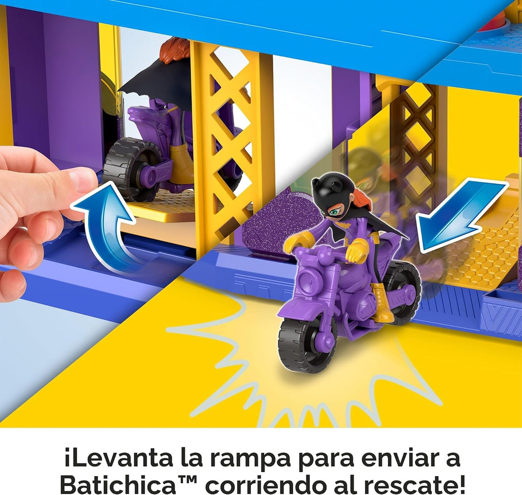 Set de juego de Super Amigos DC figuras de acción de Batichica y escondite de Fisher-Price Imaginext con 2 figuras y 5 accesorios para juego de rol para niños de 3+ años