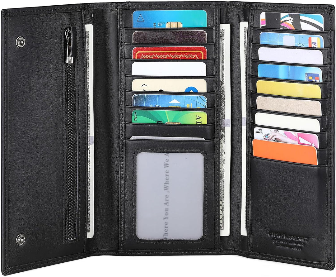 Cartera larga triple para hombres, Rfid Cartera de cuero genuino pa...
